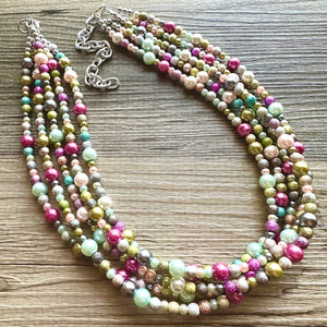 Blush Pink Jubilee Rainbow 5 strand Beaded Necklace, Colorful Jewelry, Chunky statement necklace, big beaded pearl, jewelry fall confetti