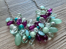 Load image into Gallery viewer, Green &amp; Purple Cluster Necklace, silver and green beaded necklace, holiday jewelry, periwinkle pearl crystal necklace bib statement Necklace