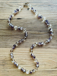 Clear & Gray Jewel Statement Necklace, Chunky 1 Strand Jewelry, silver necklace, purple long bib beaded necklace thick collar bead metal