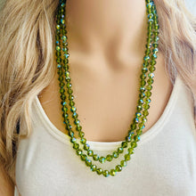 Load image into Gallery viewer, Green Jewel Statement Necklace, Chunky 2 Strand Jewelry, silver necklace, double long beaded necklace thick collar bead metal olive layering