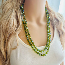 Load image into Gallery viewer, Green Jewel Statement Necklace, Chunky 2 Strand Jewelry, silver necklace, double long beaded necklace thick collar bead metal olive layering