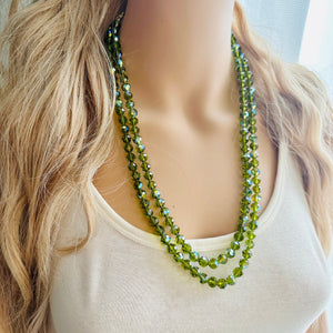 Green Jewel Statement Necklace, Chunky 2 Strand Jewelry, silver necklace, double long beaded necklace thick collar bead metal olive layering