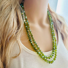 Load image into Gallery viewer, Green Jewel Statement Necklace, Chunky 2 Strand Jewelry, silver necklace, double long beaded necklace thick collar bead metal olive layering