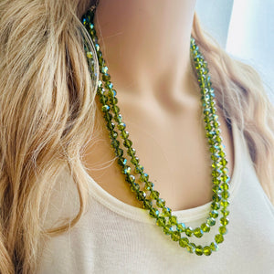 Green Jewel Statement Necklace, Chunky 2 Strand Jewelry, silver necklace, double long beaded necklace thick collar bead metal olive layering