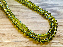 Load image into Gallery viewer, Green Jewel Statement Necklace, Chunky 2 Strand Jewelry, silver necklace, double long beaded necklace thick collar bead metal olive layering