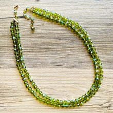 Load image into Gallery viewer, Green Jewel Statement Necklace, Chunky 2 Strand Jewelry, silver necklace, double long beaded necklace thick collar bead metal olive layering