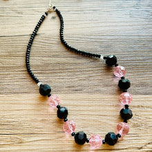 Load image into Gallery viewer, Black &amp; Pink Jewel Statement Necklace, Chunky 1 Strand Jewelry, black necklace, blush long bib beaded necklace thick collar bead metal