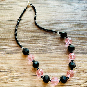 Black & Pink Jewel Statement Necklace, Chunky 1 Strand Jewelry, black necklace, blush long bib beaded necklace thick collar bead metal