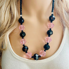 Load image into Gallery viewer, Black &amp; Pink Jewel Statement Necklace, Chunky 1 Strand Jewelry, black necklace, blush long bib beaded necklace thick collar bead metal