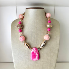 Load image into Gallery viewer, Pink White &amp; Gold Big Bead Necklace, Statement Jewelry, white blush pink gold Chunky bib, bridesmaids necklace, wedding necklace, bridal