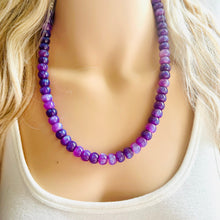 Load image into Gallery viewer, Purple Shimmer Single Strand Beaded Statement Necklace, purple beaded necklace, purple bridesmaid jewelry layering glitter silver resin