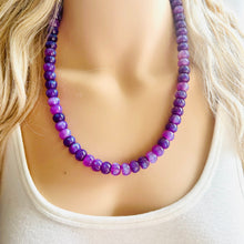 Load image into Gallery viewer, Purple Shimmer Single Strand Beaded Statement Necklace, purple beaded necklace, purple bridesmaid jewelry layering glitter silver resin