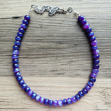 Load image into Gallery viewer, Purple Shimmer Single Strand Beaded Statement Necklace, purple beaded necklace, purple bridesmaid jewelry layering glitter silver resin