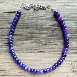 Purple Shimmer Single Strand Beaded Statement Necklace, purple beaded necklace, purple bridesmaid jewelry layering glitter silver resin