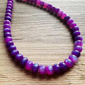 Purple Shimmer Single Strand Beaded Statement Necklace, purple beaded necklace, purple bridesmaid jewelry layering glitter silver resin