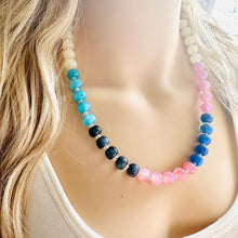 Load image into Gallery viewer, Tropical Shimmer Single Strand Beaded Statement Necklace, turquoise beaded blue bridesmaid jewelry layering glitter pink resin white black