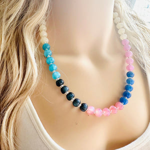 Tropical Shimmer Single Strand Beaded Statement Necklace, turquoise beaded blue bridesmaid jewelry layering glitter pink resin white black