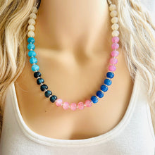 Load image into Gallery viewer, Tropical Shimmer Single Strand Beaded Statement Necklace, turquoise beaded blue bridesmaid jewelry layering glitter pink resin white black