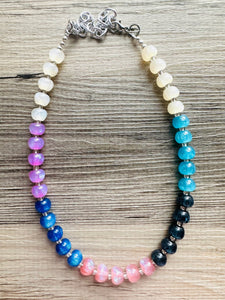 Tropical Shimmer Single Strand Beaded Statement Necklace, turquoise beaded blue bridesmaid jewelry layering glitter pink resin white black