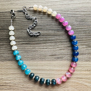 Tropical Shimmer Single Strand Beaded Statement Necklace, turquoise beaded blue bridesmaid jewelry layering glitter pink resin white black