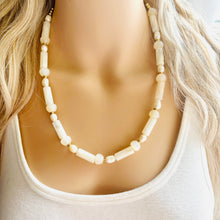 Load image into Gallery viewer, Cream Shimmer Single Strand Beaded Statement Necklace, pearl beaded bridesmaid jewelry layering resin gold off white, eggshell bead thin