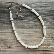 Load image into Gallery viewer, Cream Shimmer Single Strand Beaded Statement Necklace, pearl beaded bridesmaid jewelry layering resin gold off white, eggshell bead thin