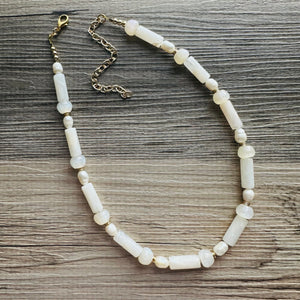 Cream Shimmer Single Strand Beaded Statement Necklace, pearl beaded bridesmaid jewelry layering resin gold off white, eggshell bead thin