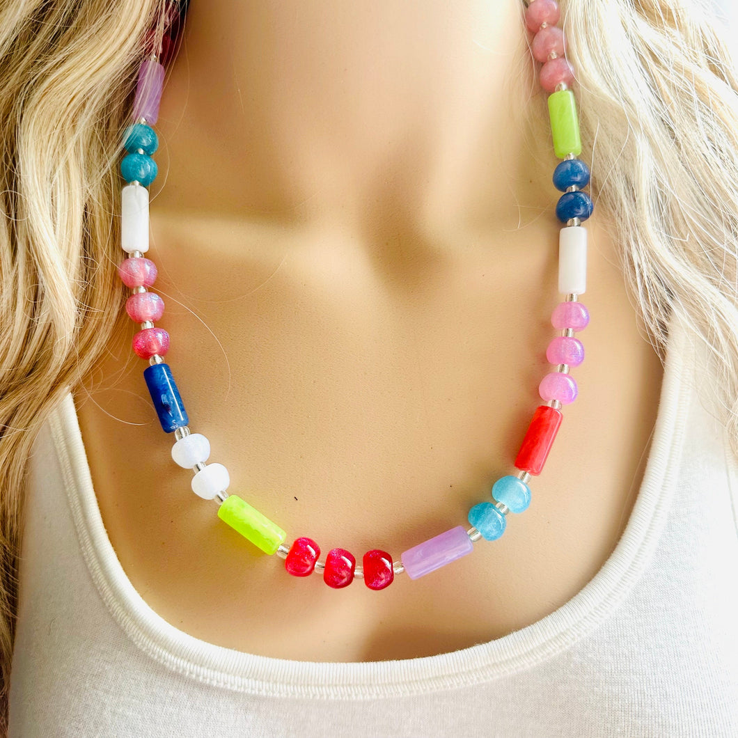 Tropical Candy Shimmer Single Strand Beaded Statement Necklace, turquoise beaded blue bridesmaid jewelry layering glitter pink resin white