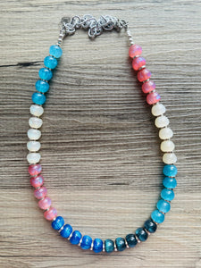 Tropical Sunrise Shimmer Single Strand Beaded Statement Necklace, turquoise beaded blue bridesmaid jewelry layering glitter pink resin white