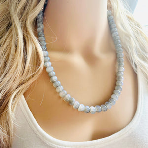 Gray Shimmer Single Strand Beaded Statement Necklace, pink beaded necklace, blue bridesmaid jewelry layering glitter silver resin