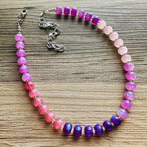 Tropical Love Shimmer Single Strand Beaded Statement Necklace, red beaded purple bridesmaid jewelry layering glitter pink resin white