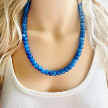 Load image into Gallery viewer, Royal Blue Shimmer Single Strand Beaded Statement Necklace, turquoise beaded necklace, purple bridesmaid jewelry layering glitter silver res