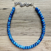 Load image into Gallery viewer, Royal Blue Shimmer Single Strand Beaded Statement Necklace, turquoise beaded necklace, purple bridesmaid jewelry layering glitter silver res