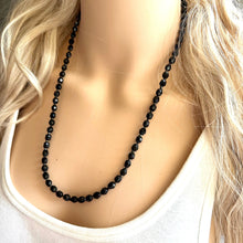 Load image into Gallery viewer, Neutral Black Jewel Statement Necklace, Chunky 1 Strand Jewelry, black layering long bib beaded thin collar bead rhinestone