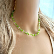 Load image into Gallery viewer, Green Sparkle Jewel Statement Necklace, Chunky 1 Strand Jewelry, silver necklace, layering long bib beaded necklace thin collar bead lime