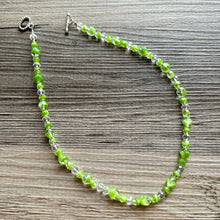 Load image into Gallery viewer, Green Sparkle Jewel Statement Necklace, Chunky 1 Strand Jewelry, silver necklace, layering long bib beaded necklace thin collar bead lime