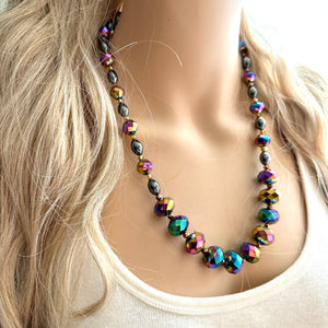 Rainbow Sparkle Jewel Statement Necklace, Chunky 1 Strand Jewelry, silver necklace, layering long bib beaded necklace thin collar bead black