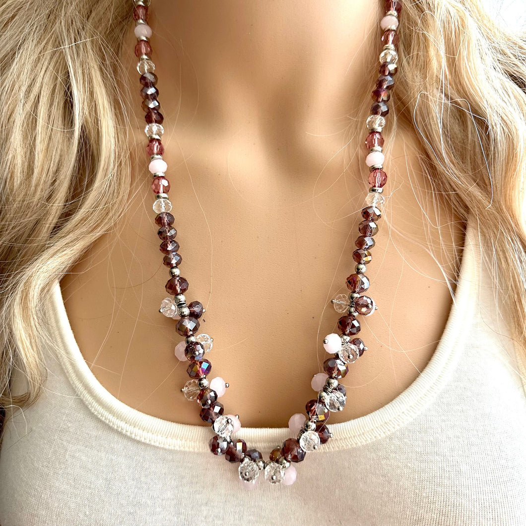 Eggplant Sparkle Jewel Statement Necklace, Chunky 1 Strand Jewelry, silver gray layering long bib beaded necklace thin collar bead purple