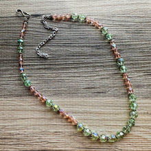 Load image into Gallery viewer, Green &amp; Pink Sparkle Jewel Statement Necklace, Chunky 1 Strand Jewelry, silver layering long bib beaded necklace thin collar bead lime