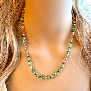 Green & Pink Sparkle Jewel Statement Necklace, Chunky 1 Strand Jewelry, silver layering long bib beaded necklace thin collar bead lime