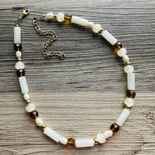 Load image into Gallery viewer, Cream Shimmer Single Strand Beaded Statement Necklace, pearl beaded bridesmaid jewelry layering resin gold off white, eggshell bead thin