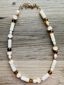 Cream Shimmer Single Strand Beaded Statement Necklace, pearl beaded bridesmaid jewelry layering resin gold off white, eggshell bead thin