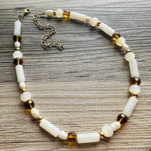 Load image into Gallery viewer, Cream Shimmer Single Strand Beaded Statement Necklace, pearl beaded bridesmaid jewelry layering resin gold off white, eggshell bead thin