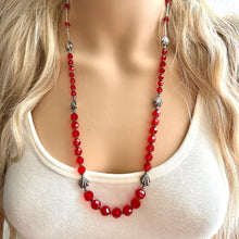 Load image into Gallery viewer, Red Sparkle Jewel Statement Necklace, Chunky 1 Strand Jewelry, silver necklace, layering long bib beaded thin collar bead silver gray clasp