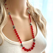 Load image into Gallery viewer, Red Sparkle Jewel Statement Necklace, Chunky 1 Strand Jewelry, silver necklace, layering long bib beaded thin collar bead silver gray clasp