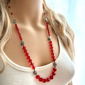 Red Sparkle Jewel Statement Necklace, Chunky 1 Strand Jewelry, silver necklace, layering long bib beaded thin collar bead silver gray clasp