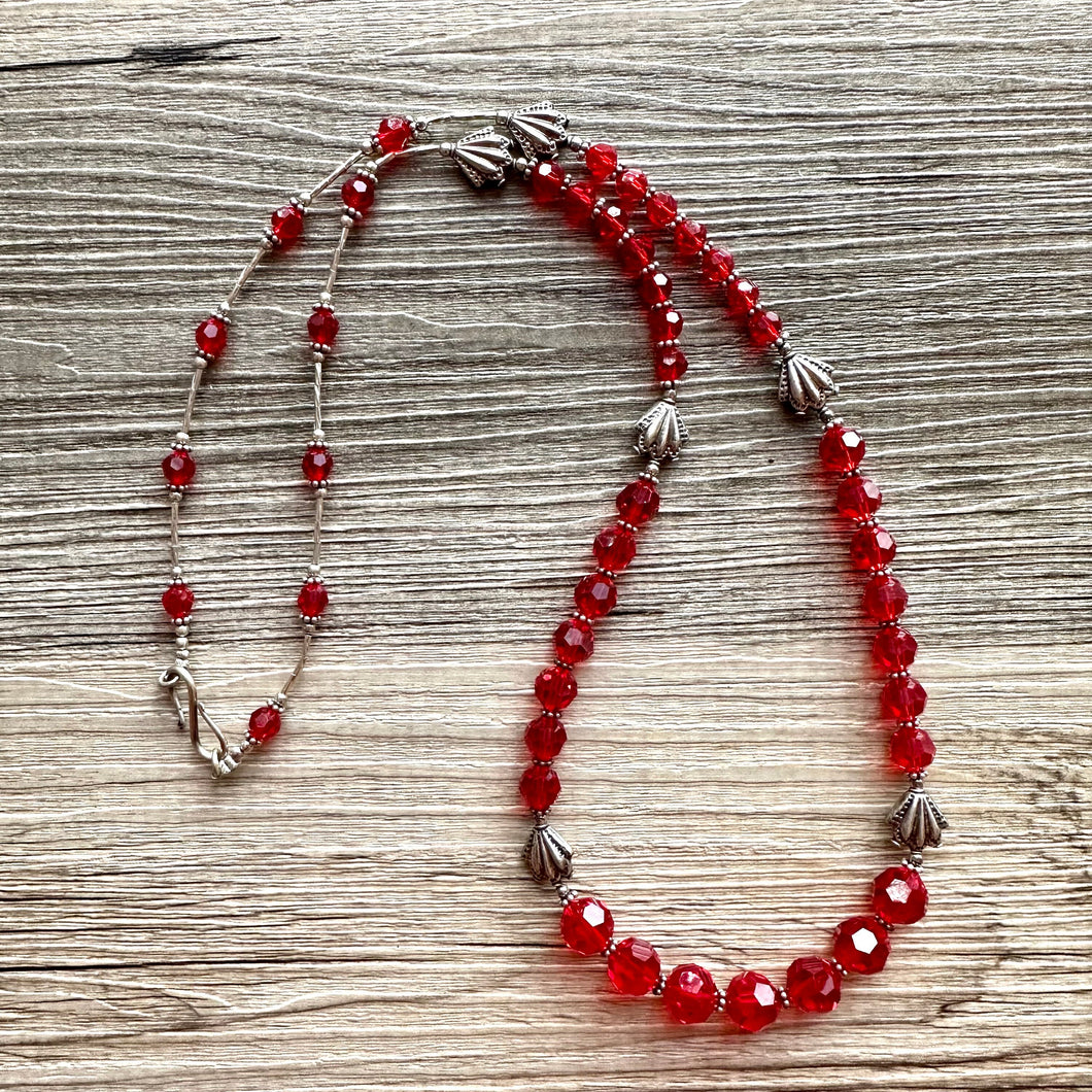 Red Sparkle Jewel Statement Necklace, Chunky 1 Strand Jewelry, silver necklace, layering long bib beaded thin collar bead silver gray clasp