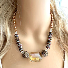 Load image into Gallery viewer, Autumn Sparkle Jewel Statement Necklace, Chunky 1 Strand Jewelry, gold necklace layering bib beaded necklace thin collar pearl pumpkin glass