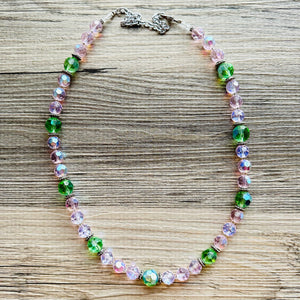 Green & Pink Sparkle Jewel Statement Necklace, Chunky 1 Strand Jewelry, silver layering long bib beaded necklace thin collar bead lime