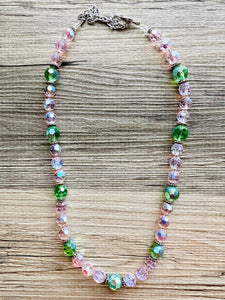 Green & Pink Sparkle Jewel Statement Necklace, Chunky 1 Strand Jewelry, silver layering long bib beaded necklace thin collar bead lime